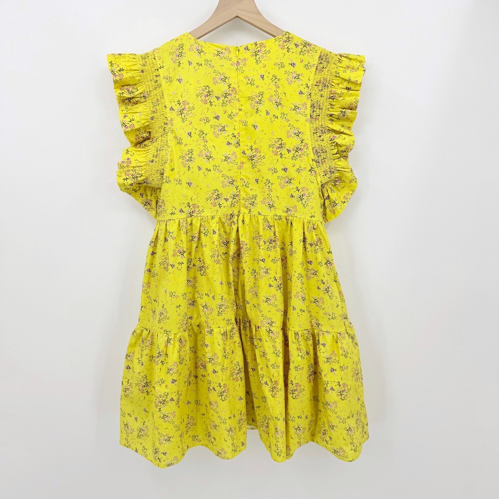 English Factory Floral Mini Dress Yellow Smocked Ruffle Sleeve Tiered M Babydoll - Picture 2 of 10